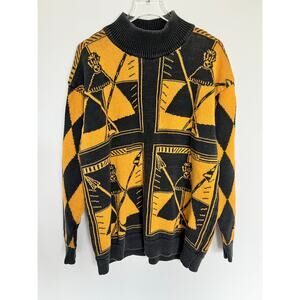 Vintage Generra 80s Graphic Chessboard Mockneck Sweater Black & Mustard Knit M